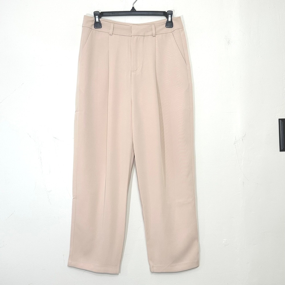 Elodie Women's Beige Wide Leg Pleated Tailored Trousers Size M Chic Minimalist
